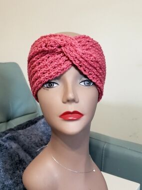 Hand Crafted Twisted Crochet Turban Headband - Rose Pink